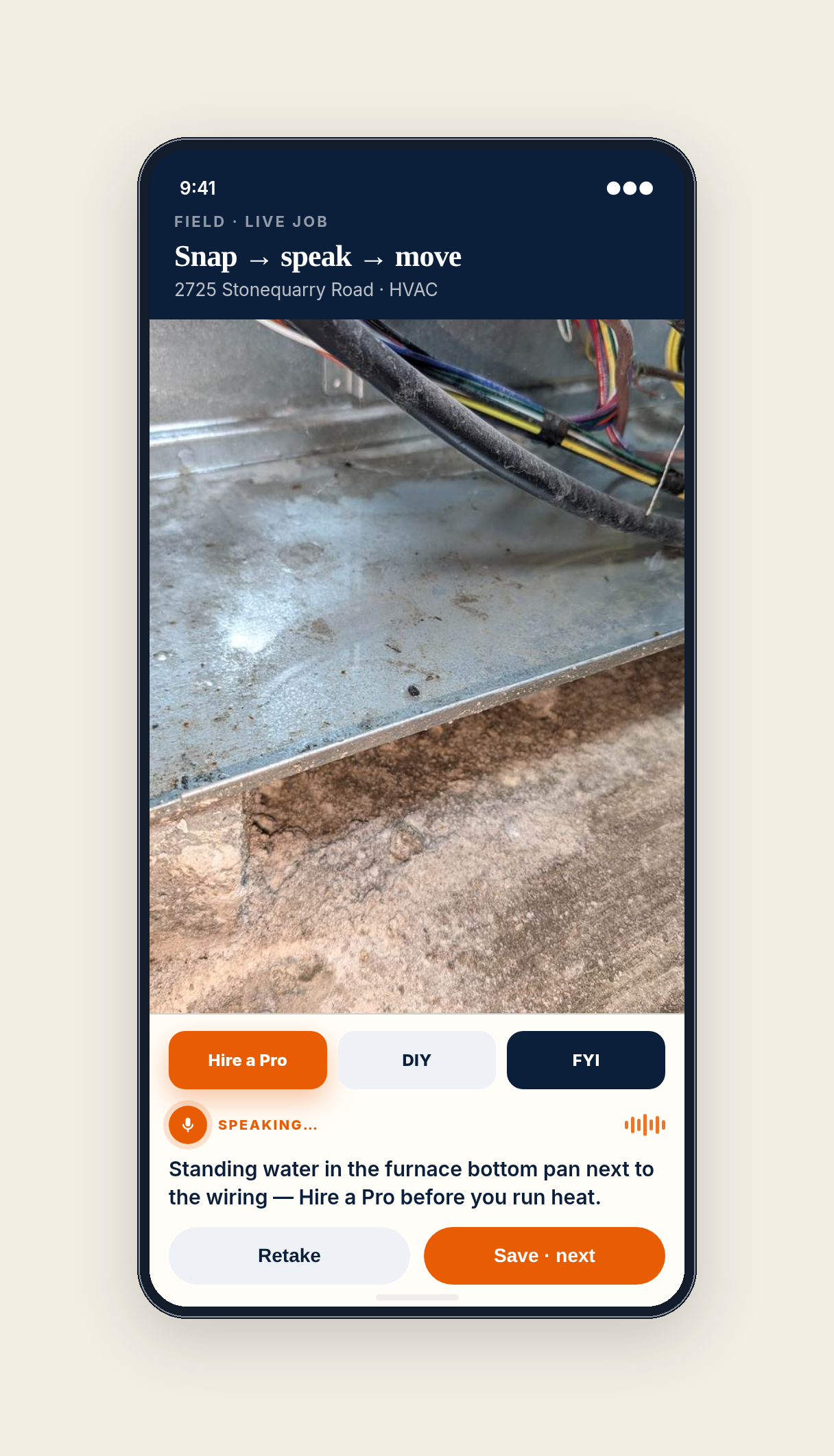 WALKED Field phone — caption-first capture with Hire a Pro stamp on Stonequarry furnace finding