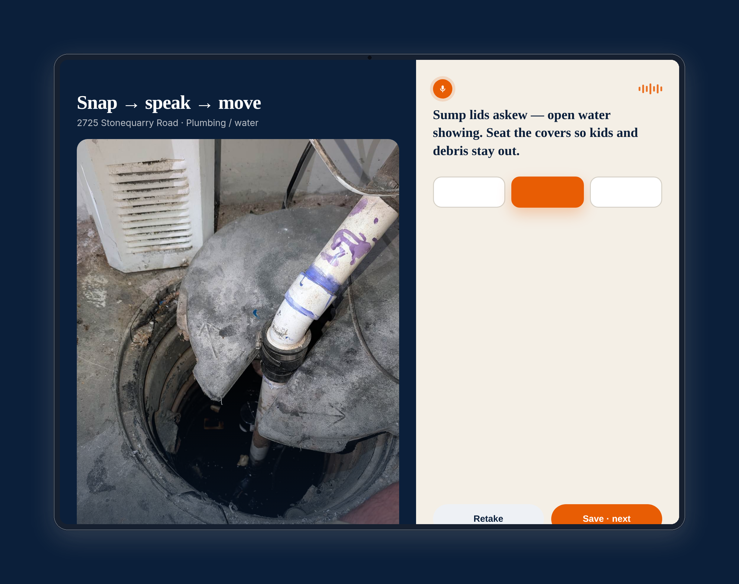 WALKED Field on tablet — sump lids finding with DIY stamp