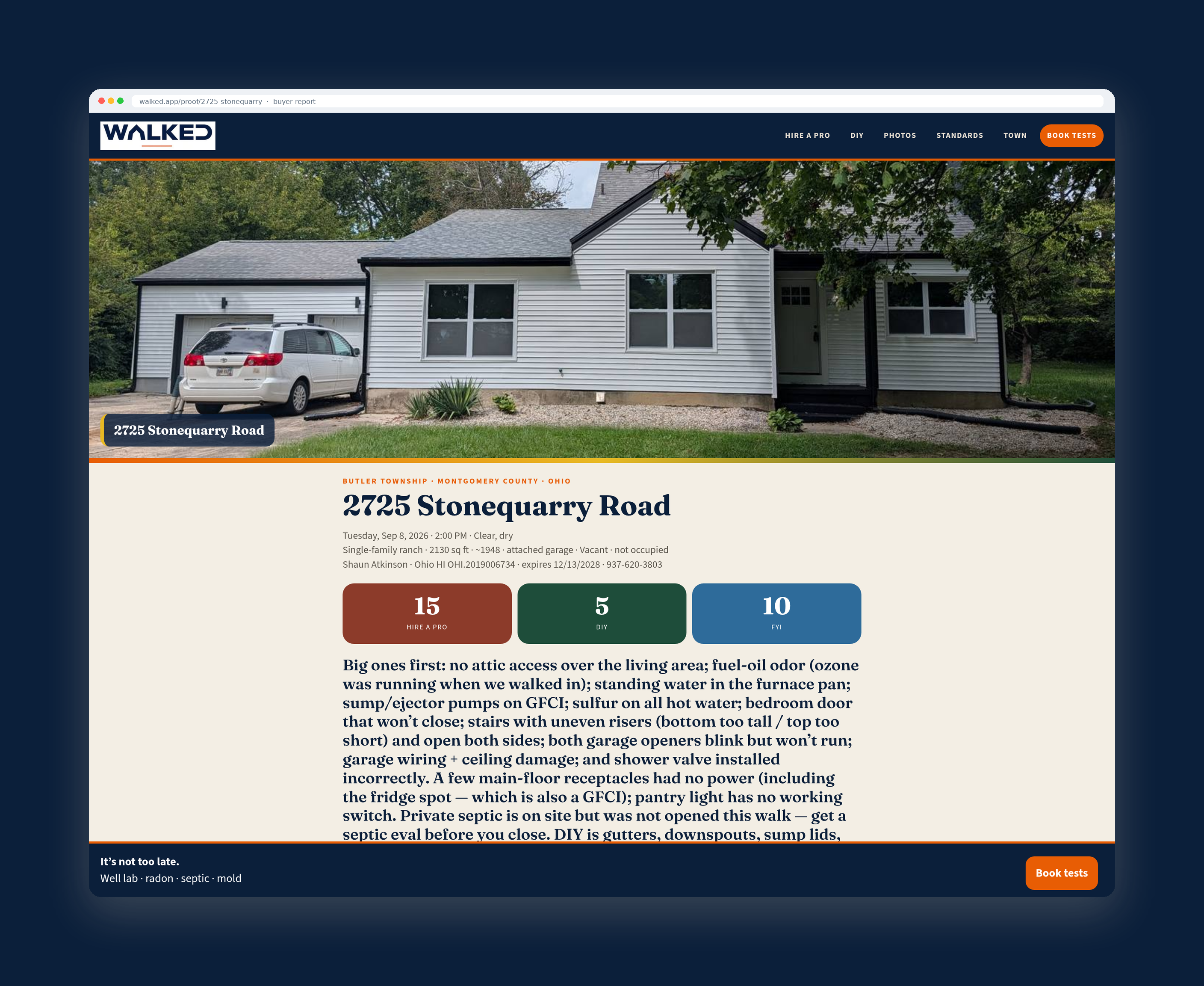 Stonequarry buyer report in browser chrome — 15 Hire a Pro, 5 DIY, 10 FYI